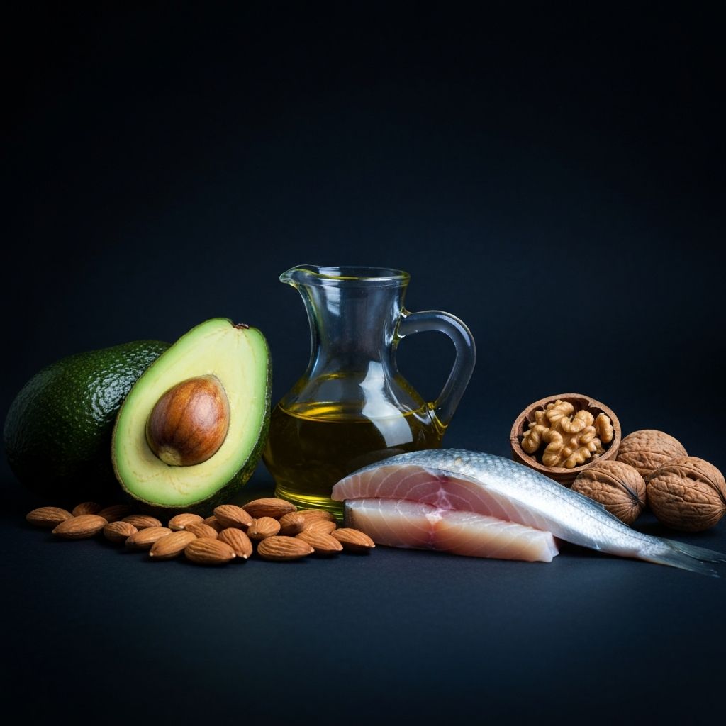 Healthy fat sources featuring avocado, olive oil, almonds, and fatty fish on a dark background