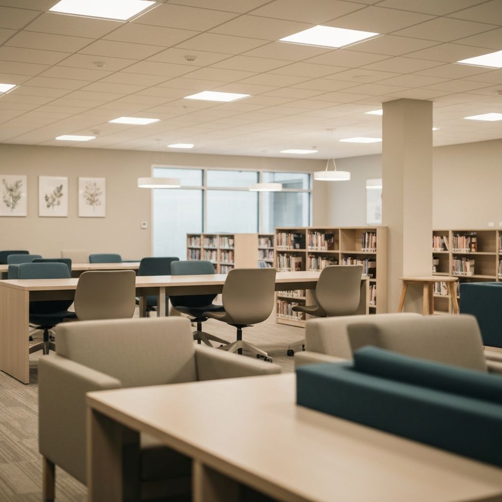 Modern institutional library interior with calm atmosphere representing the archive of nutritional knowledge